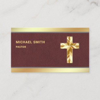 Brown Leather Gold Foil Jesus Christ Cross Pastor Business Card by ShabzDesigns at Zazzle