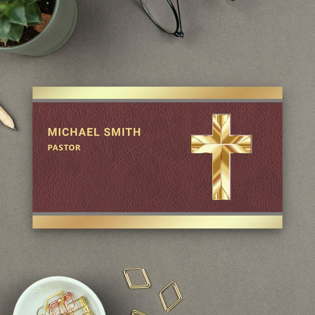 Brown Leather Gold Foil Jesus Christ Cross Pastor Business Card (Creator Uploaded)