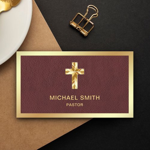 Brown Leather Gold Foil Jesus Christ Cross Pastor Business Card