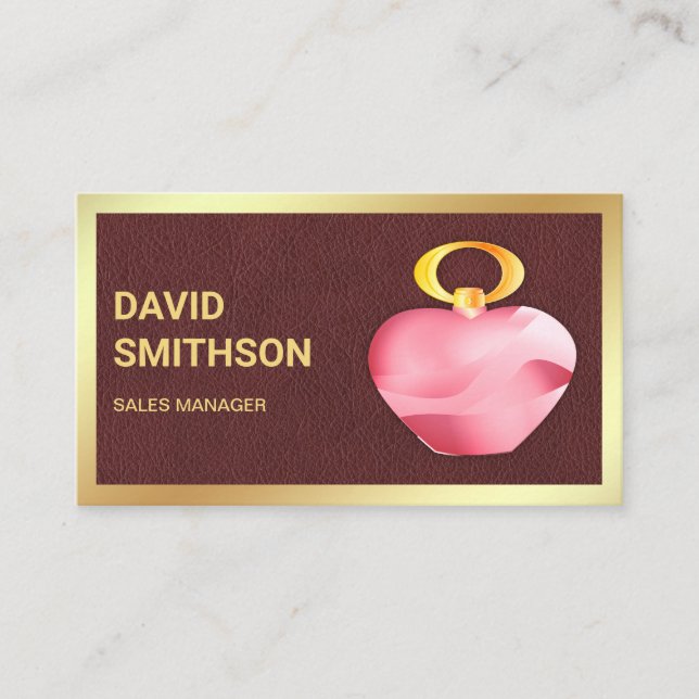 Brown Leather Gold Foil Pink Perfume Bottle Business Card (Front)