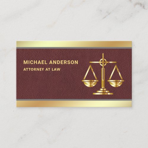 Brown Leather Gold Justice Scale Lawyer Attorney Business Card