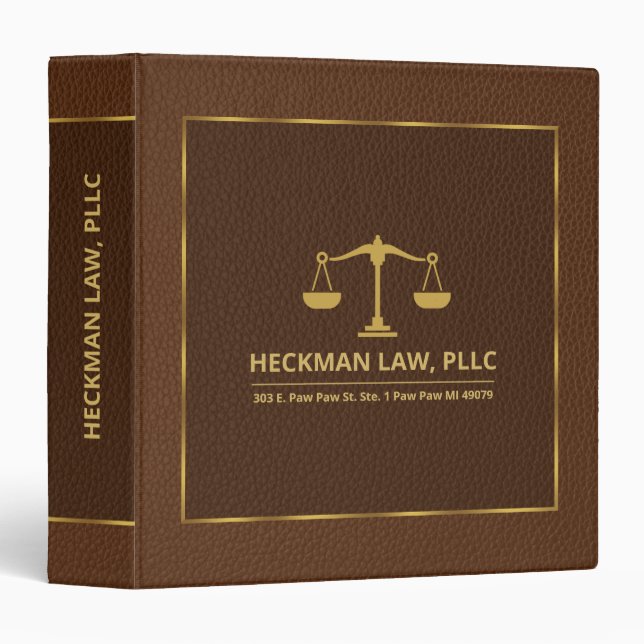 Brown Leather Gold Justice Scale Simple Frame 3 Ring Binder (Front/Spine)