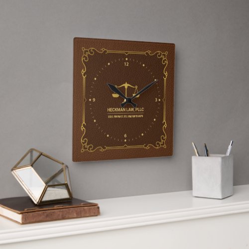 Brown Leather Gold Justice Scale Vintage Frame Square Wall Clock
