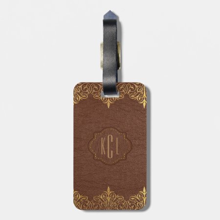 Brown Leather Gold Lace Accents Luggage Tag
