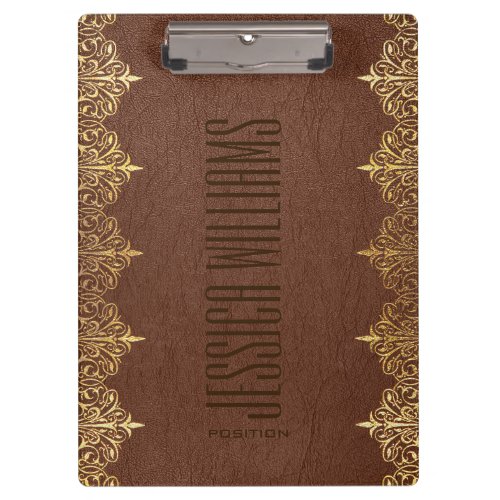 Brown Leather  Gold Lace Print Clipboard