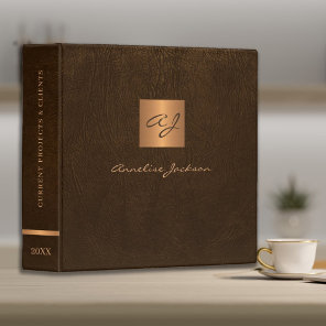Brown leather gold monogram classy elegant 3 ring binder