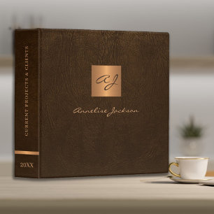 Brown leather gold monogram classy elegant 3 ring binder