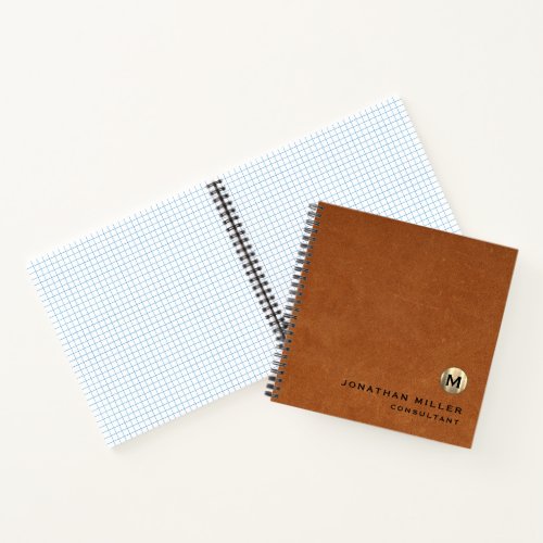 Brown Leather Gold Monogram Graph Paper  Notebook