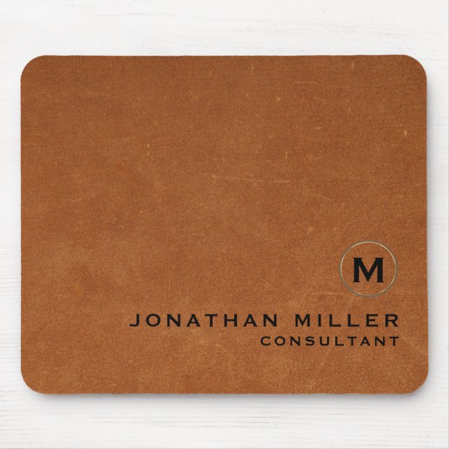 Brown Leather Gold Monogram Mouse Pad (Front)