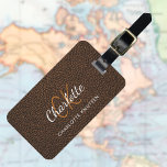 Brown leather gold monogram name luggage tag<br><div class="desc">Brown faux leather print as background. Personalize and add your first name,  monogram letters and full name on the front. Your contact information on the back.  Golden text.</div>