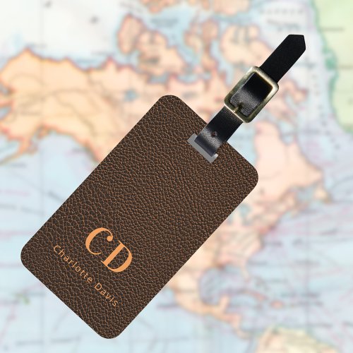 Brown leather gold monogram name luggage tag