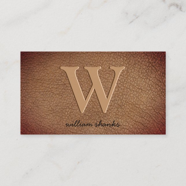 Brown Leather Gold Monogram Script Stylish Business Card (Front)