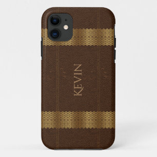 Brown Leather & Gold Stripes Monogram iPhone 11 Case