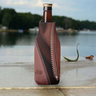 Brown Leather Jacket with Zipper Custom Initials Bottle Cooler