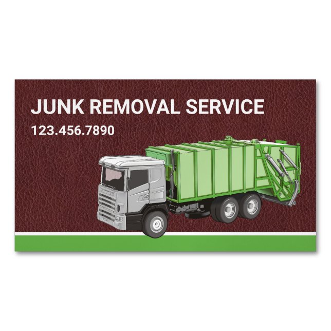 Brown Leather Junk Removal Service Garbage Truck Business Card Magnet (Front)