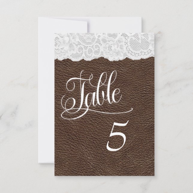 Brown Leather & Lace Wedding Table Number Card (Front)