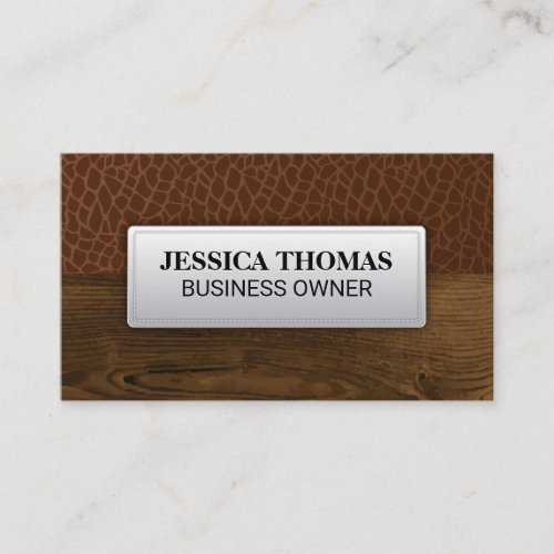 Brown Leather  Leather Stitched Label Wood Grain Business Card