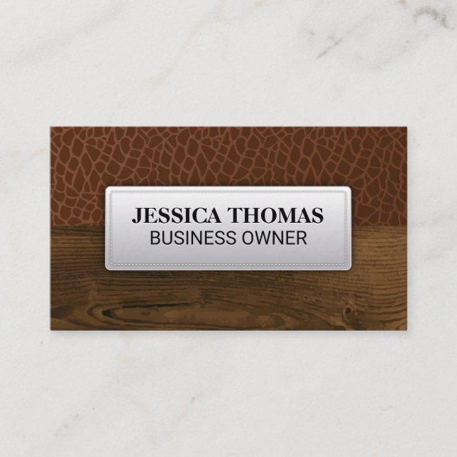 Brown Leather | Leather Stitched Label Wood Grain Business Card (Front)