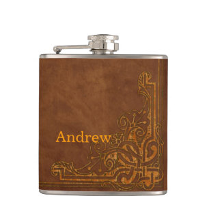 Brown Leather-like Graphic Embossed Monogram Flask
