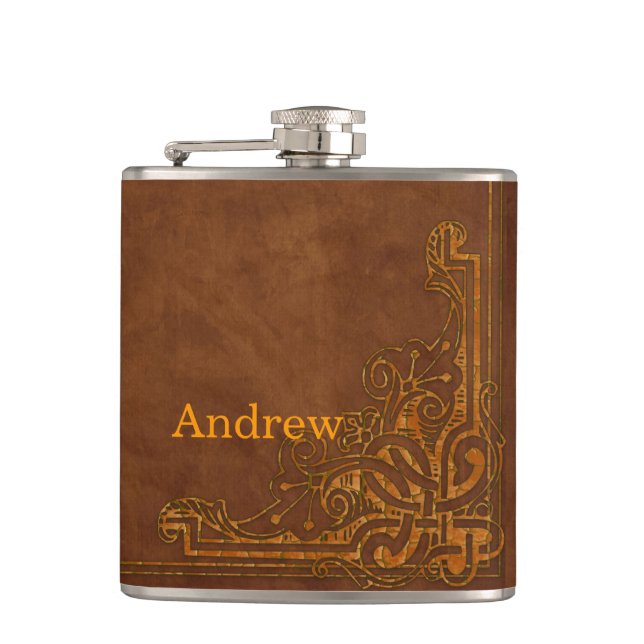 Brown Leather-like Graphic Embossed Monogram Flask (Front)