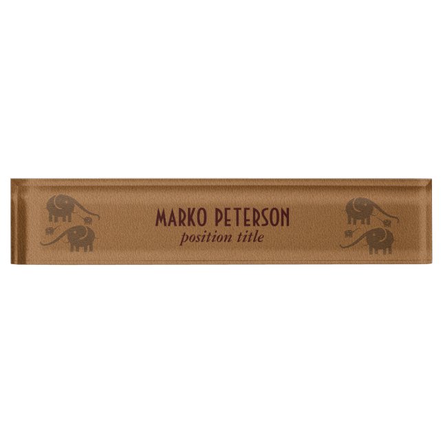Brown Leather Look Elephant Illustration Desk Name Plate (Front)