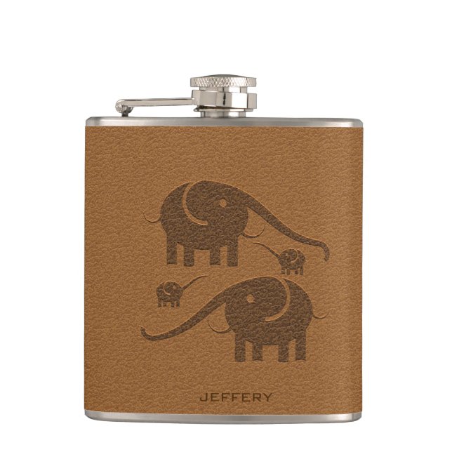 Brown Leather Look Elephant Illustration Flask (Front)