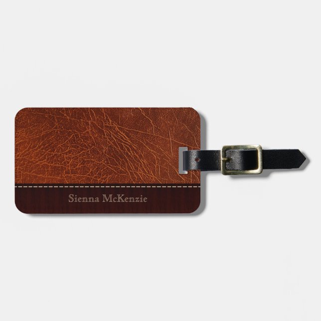 Brown Leather Look Luggage Tag (Front Horizontal)