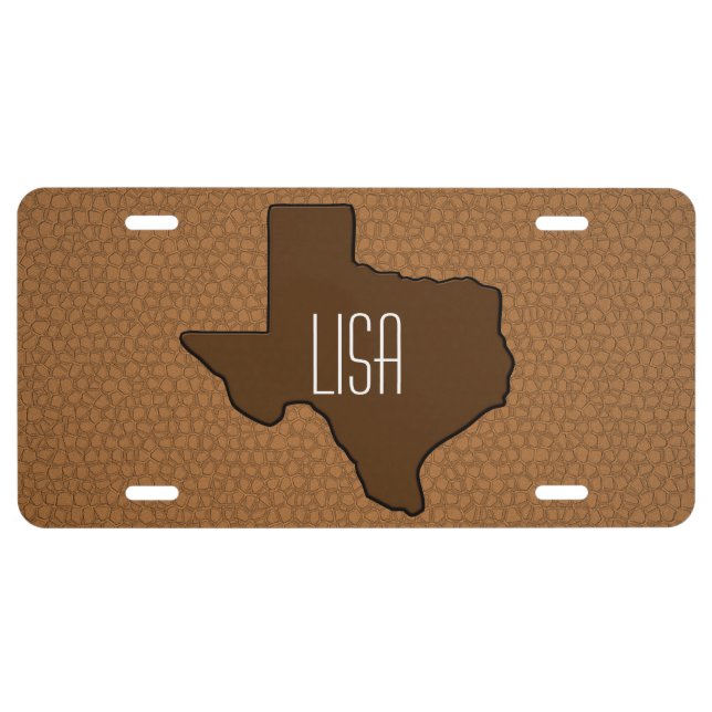 Brown Leather Look Texas Custom License Plate (Front)