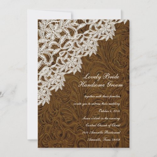 Brown Leather Look White Lace Wedding Invitation