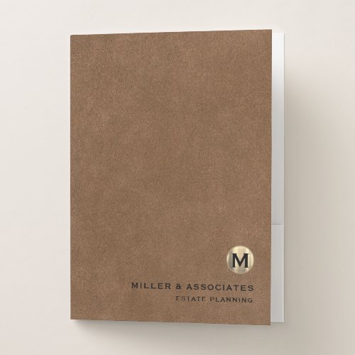 Brown Leather Luxury Gold Initial Logo Pocket Folder