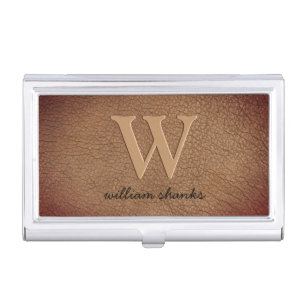 Brown leather monogram black script business business card case