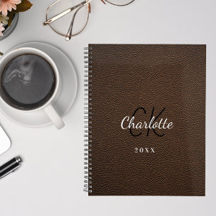 Brown leather monogram initials name 2026 planner