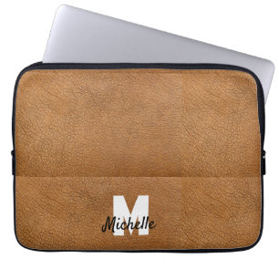 Brown leather personalized name monogram laptop sleeve