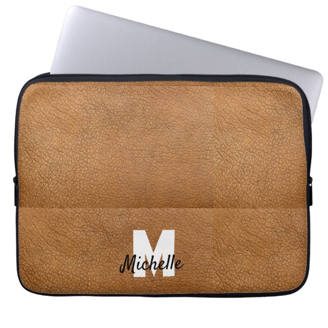 Brown leather personalized name monogram  laptop sleeve (Front)
