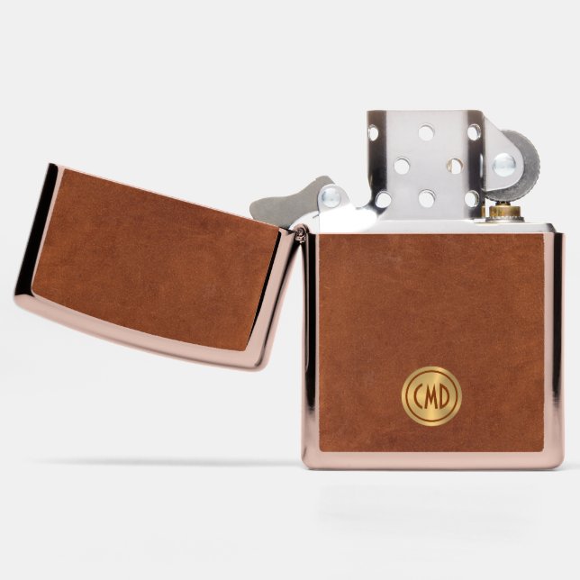 Brown Leather Print Gold Accent Monogram Zippo Lighter (Open)