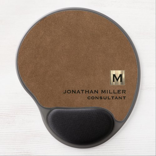 Brown Leather Print Gold Monogram Gel Mouse Pad
