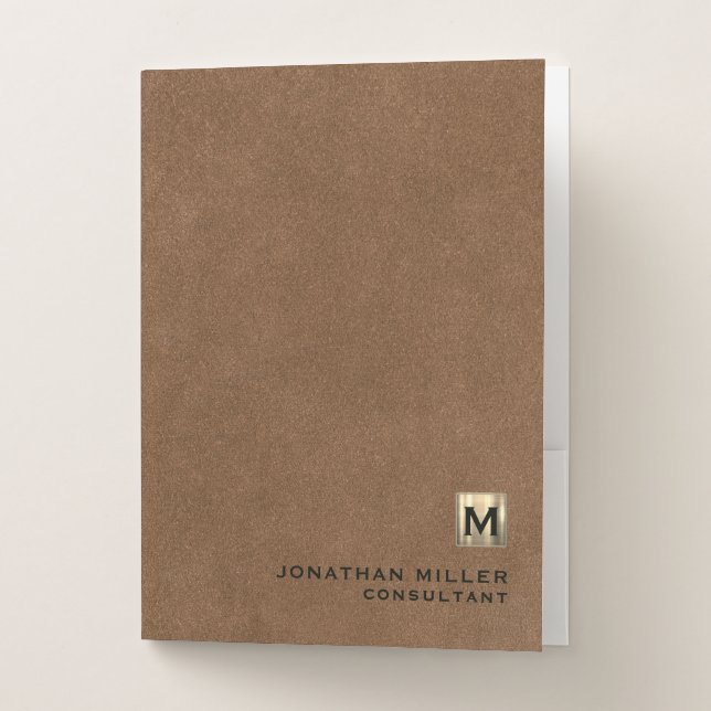 Brown Leather Print Gold Monogram  Pocket Folder (Front)
