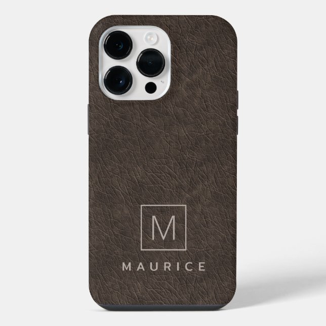 Brown leather print monogram initial custom name iphone case (Back)