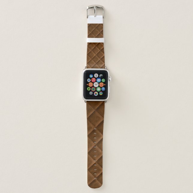 Brown leather, rhombus pattern drawing apple watch band (Front)