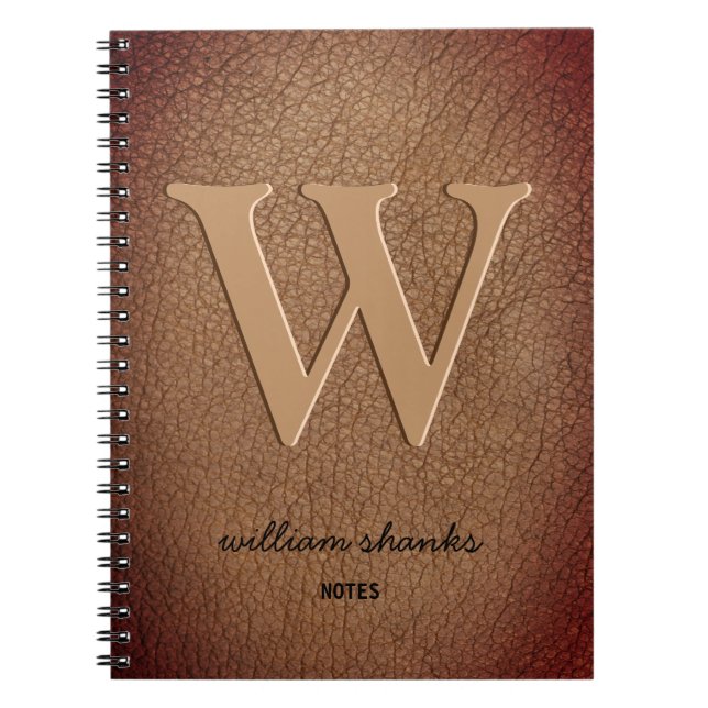  Brown leather Rustic monogram black script name Notebook (Front)