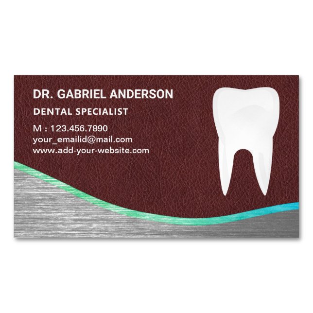 Brown Leather Steel Tooth Dental Clinic Dentist Business Card Magnet (Front)
