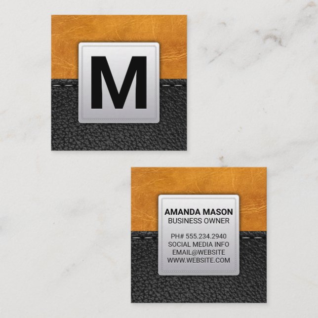 Brown Leather | Stitched Leather Square Business Card (Front/Back)