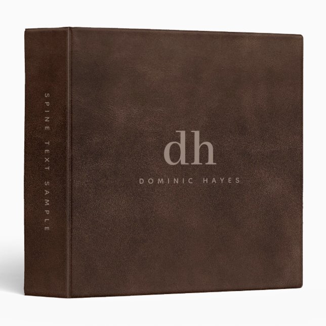 Brown Leather Texture Minimalist Custom Monogram 3 Ring Binder (Front/Spine)