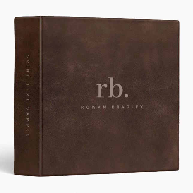 Brown Leather Texture Minimalist Custom Monogram 3 Ring Binder (Front/Spine)