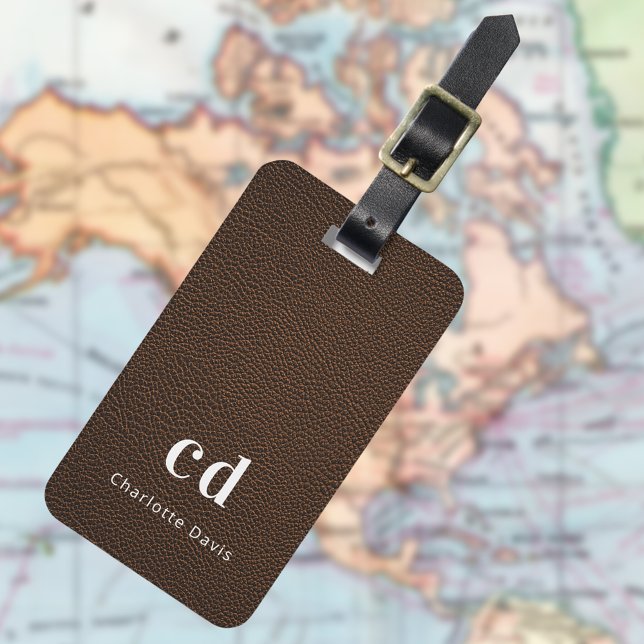 Brown leather texture monogram luggage tag (Creator Uploaded)