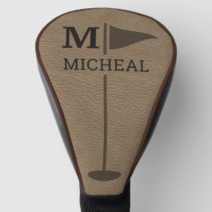 Brown Leather Texture Monogram Name Golf Head Cover