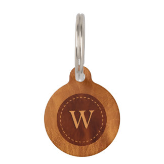 Brown Leather Texture Monogram - Not Real Leather Pet Name Tag