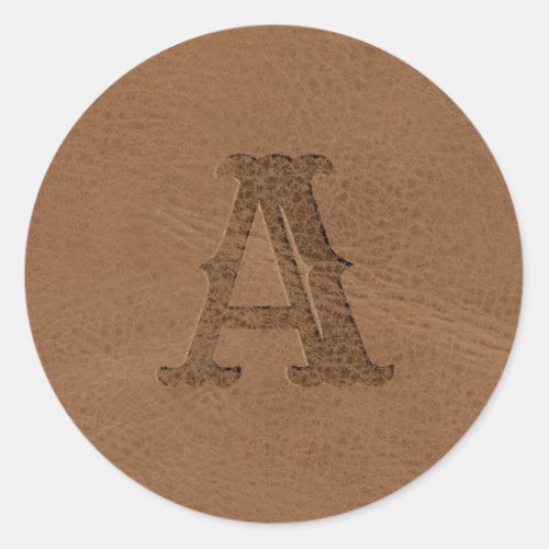 Brown Leather Texture Monogrammed Initial Classic Round Sticker