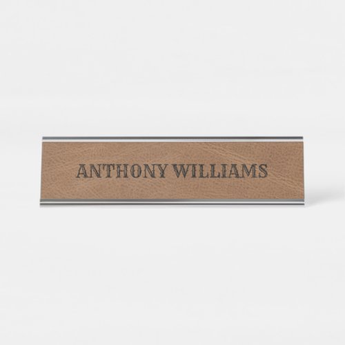 Brown Leather Texture Monogrammed Name Desk Name Plate