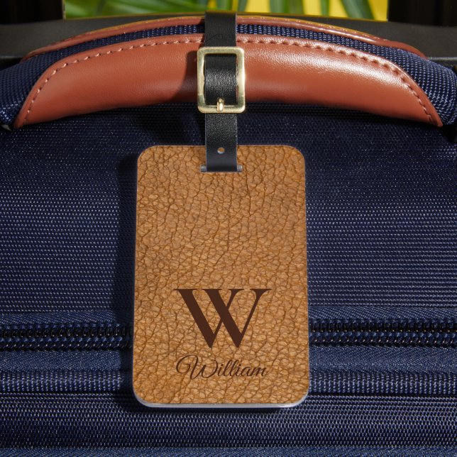 Brown Leather Texture Monogrammed Name Luggage Tag (Front Insitu 2)